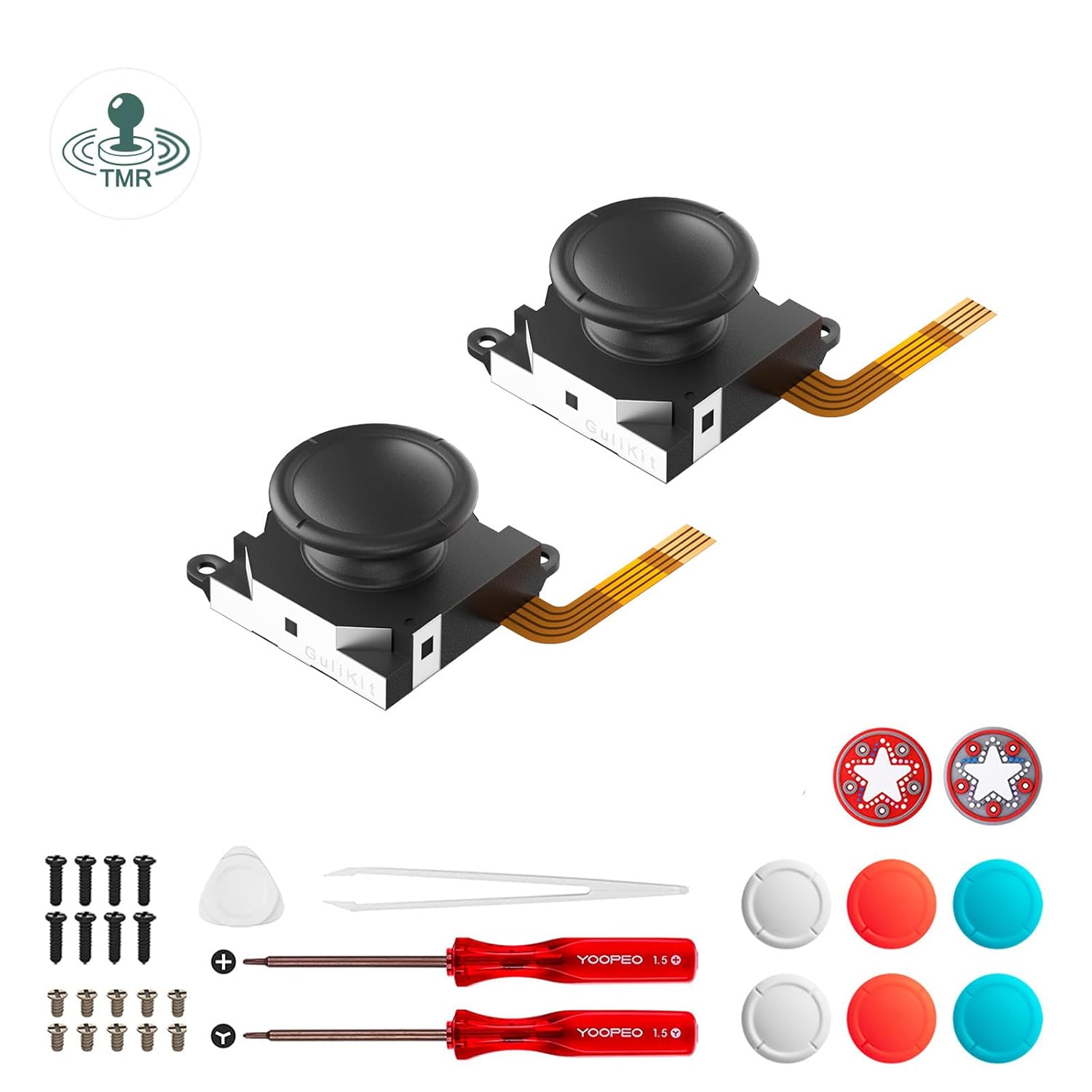 AKNES GuliKit JoyCon Joystick Replacement, Upgrade TMR Electromagnetic Joystick for Switch LCD/OLED/Lite Joy Con, Thumb Sticks Repair Kit Accessories, Metal Lock Buckles, 4 Colors Stick Caps