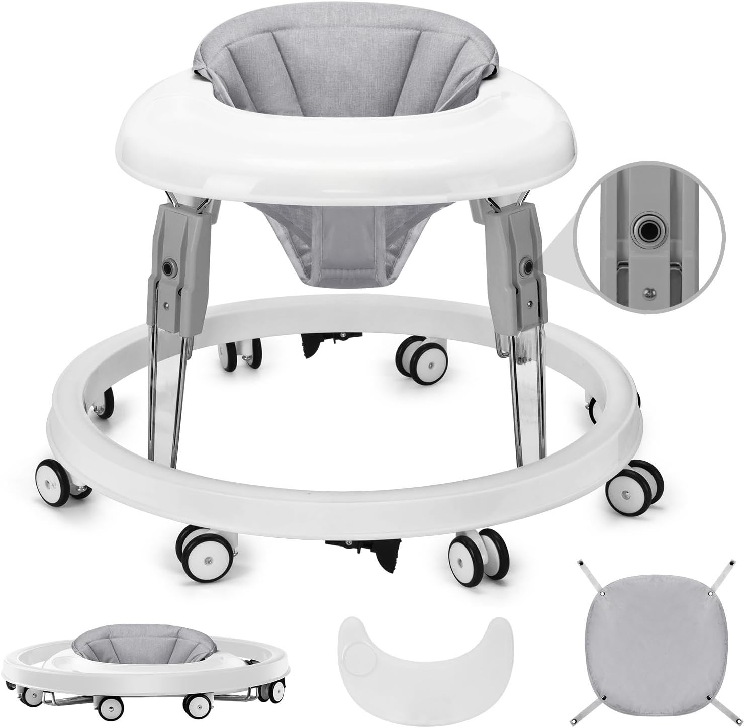 Baby Walker, Foldable Multi-Function Anti-Rollover Walker with Brake Design, 7 Level Height Adjustable, Baby Walkers for Boys 6 Months Suitable for All Terrains (Light Grey)