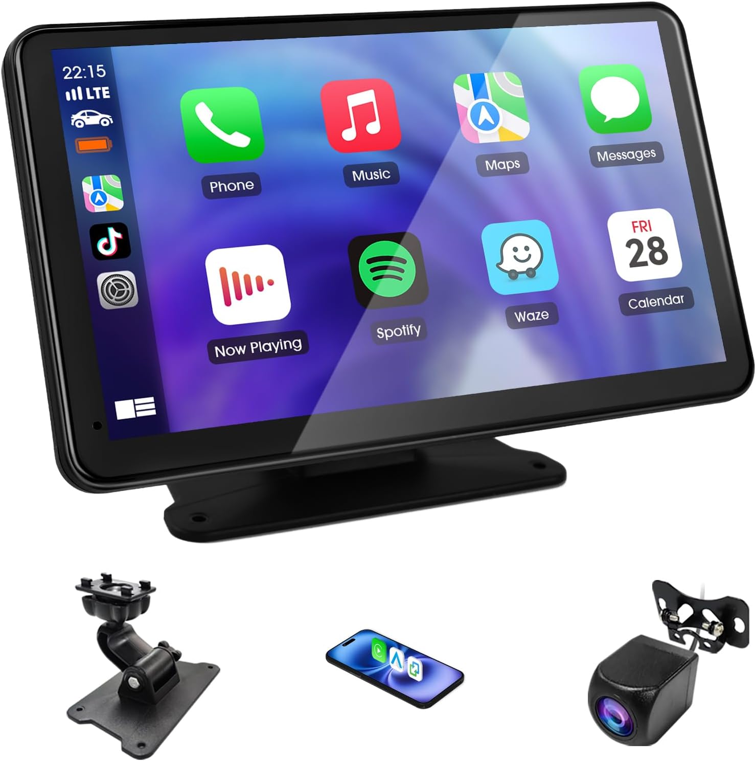 Portable Car Stereo Wireless CarPlay & Android Auto, 7" HD Touchscreen, Bluetooth 5.0 Audio, FM Radio, 1080P AHD Backup Camera,GPS Navagation,Voice Control-Plug & Play Car Screen For Most Vehicle