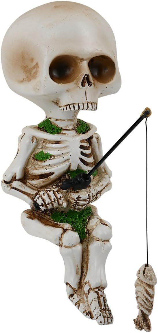 DS. DISTINCTIVE STYLE Fishing Skeleton Statue 4.5 Inch Mini Skull Figurines Halloween Gothic Decor Resin Cute Skull Fisher Sculpture for Outdoor Garden Pond Fountain Poolside
