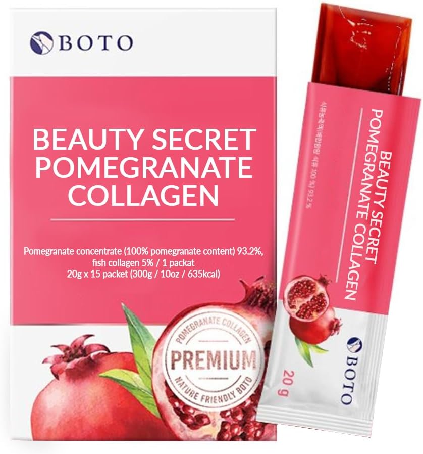BOTO Beauty Secret Pomegranate Collagen 20g - Korean Beauty Collagen Jelly Stick, Low Molecular Fish Collagen, Pomegranate Flavored - Packs of 15