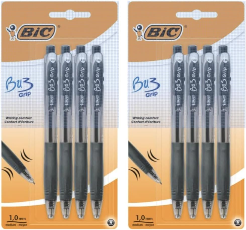 Black Nore Gifts BIC BU3 Grip Ballpoint Pens - Pack of 8 (Black, 1.0mm Medium Point) | Smooth Writing & Comfortable Grip | Packed