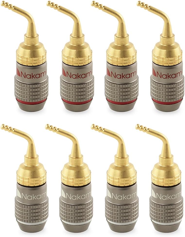 Nakamichi FanLock Excel Series 24k Gold Plated 2mm Pin Plug Banana 10 AWG - 18 AWG Gauge Size 4mm for Spring Clip Speakers Amplifier Hi-Fi Home Theatre Wire Cable Quick Connector, 8 Pcs (4-Pairs)