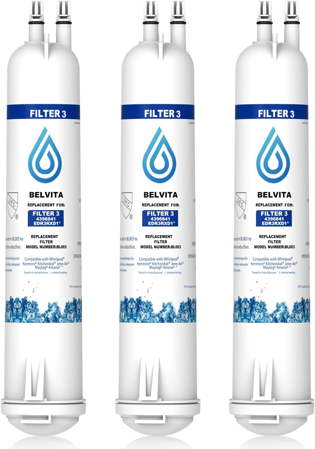 BELVITA Compatible with 4396841 Refrigerator Water Filter, EDR3RXD1, KAD3RXD1, WHR3RXD1, 4396841, 4396710, Filter 3, 46-9083,46-9030, 9030, 9083 Refrigerator Water Filter, 3 Filters