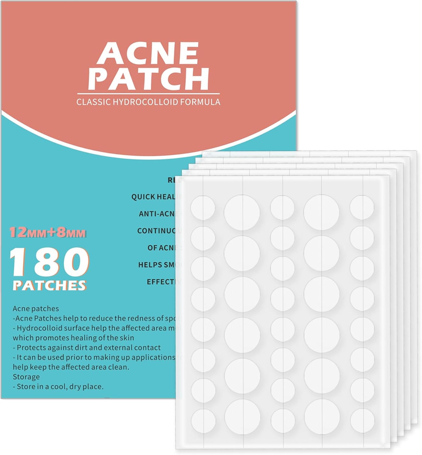 Rnitle Acne Patches[180 Pcs],Hydrocolloid Dressing Cover for Effective Calming and Relief of Acne,Pimple Patches,Spot Treatment Pimple Stickers,Facial Care(12mm&8mm)