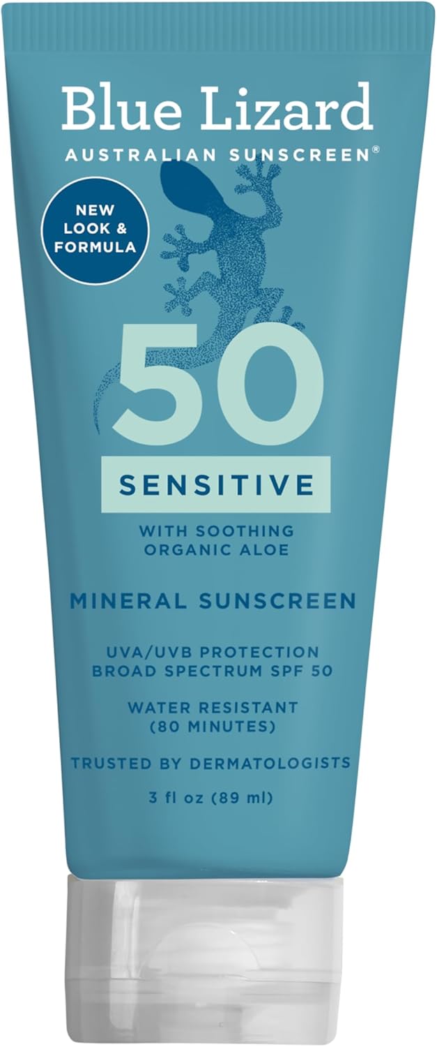 Blue Lizard SENSITIVE Mineral Sunscreen with Zinc Oxide, SPF 50+, Water Resistant, UVA/UVB Protection with Smart Cap Technology - Fragrance Free, 3 oz. Tube