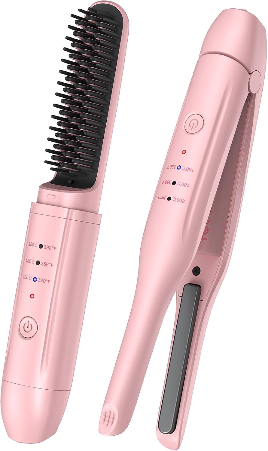2Pcs Pink Cordless Portable Hair Straightener and Travel Hair Straightener Brush Set with Carrying Case, Hair Straightening Irons and Hot-Air Hair Brushes Set for Beauty and Personal Care