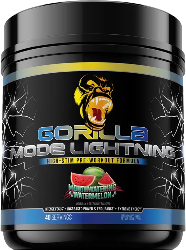 Gorilla Mode Lightning Pre-Workout - Extreme Energy · Laser Focus · Powerful Pumps · Peak Performance - 550mg Caffeine, 13500mg L-Tyrosine, Alpha-GPC– 772g (Mouthwatering Watermelon)