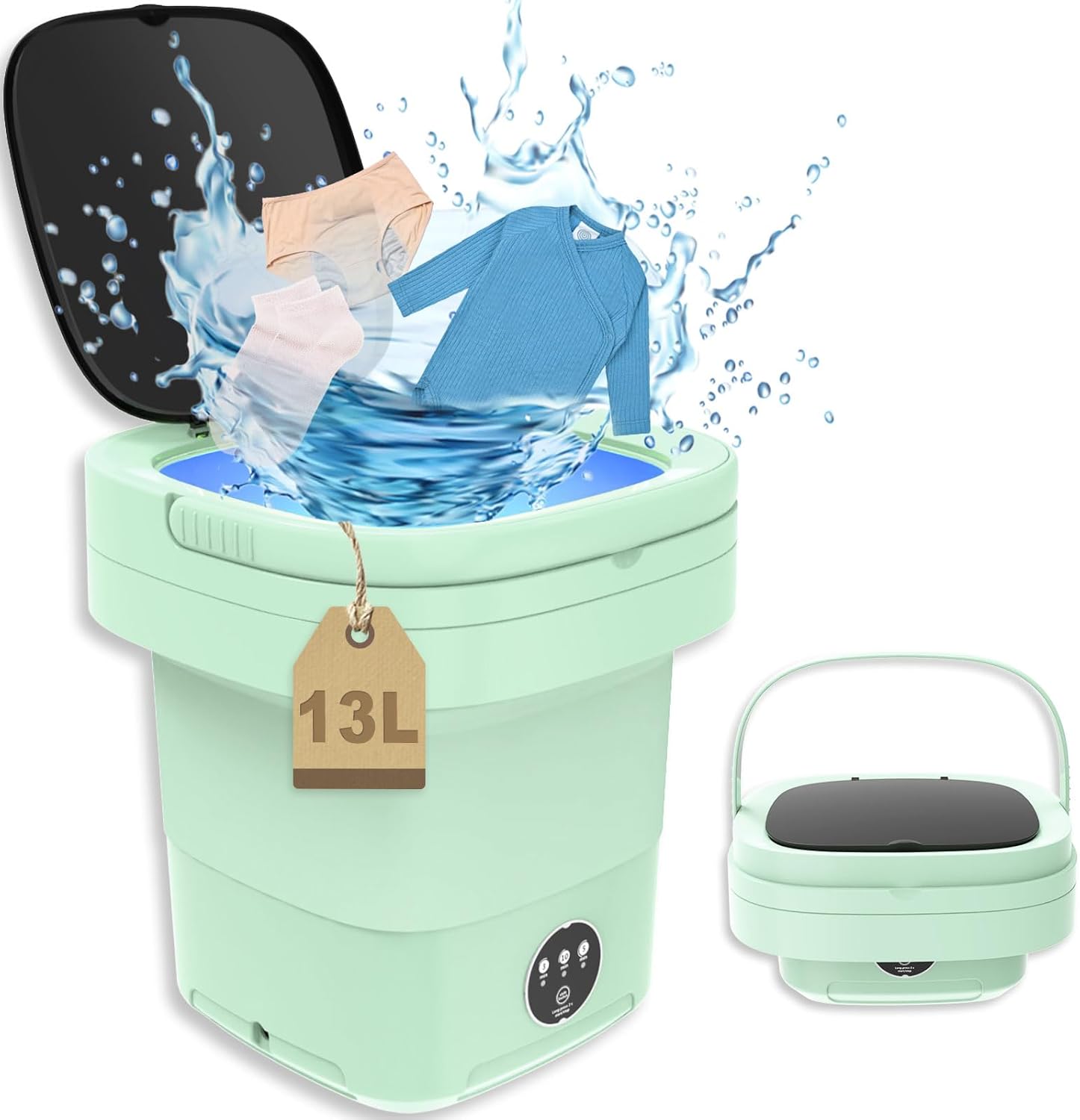 Portable Washing Machine, 13L 2kg 2 in 1 Mini Portable Washer Machine, Foldable Small Smart Laundry Machine with 3 Cleaning Modes for Baby Clothes, Socks, Underwear, Camping, RV, Travel, Green