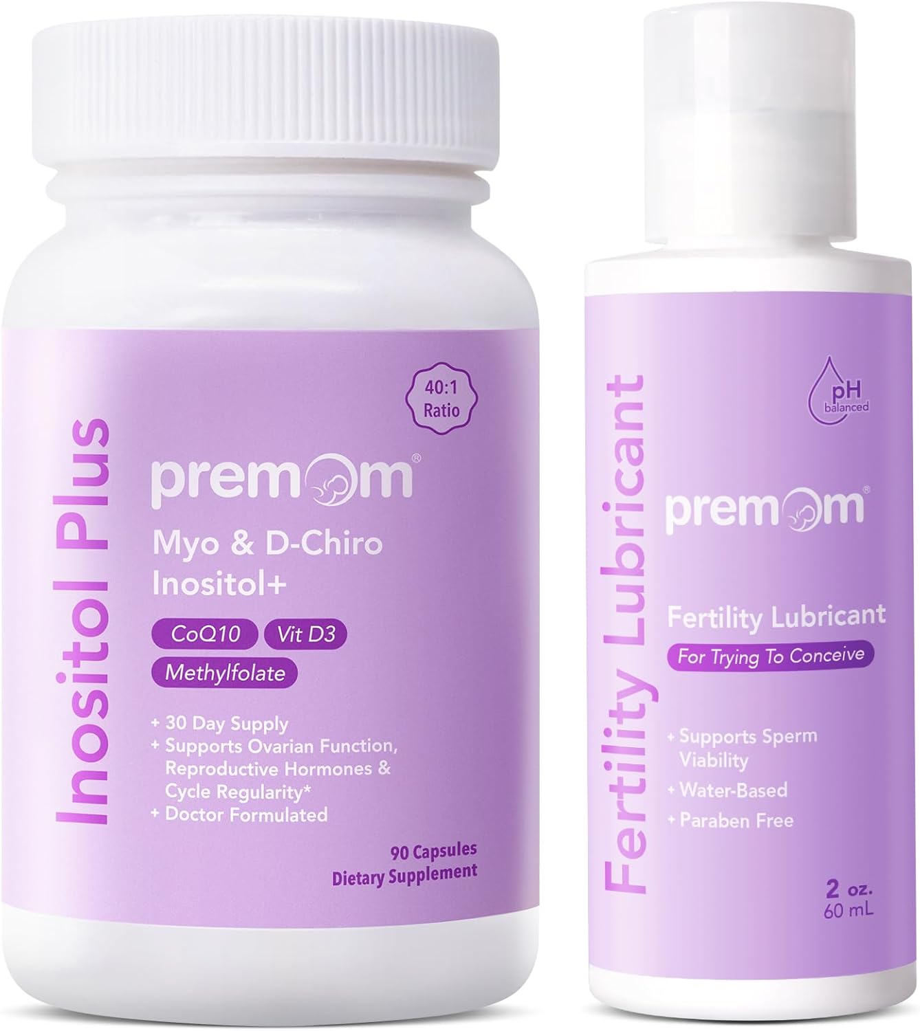Premom Inositol Plus - 2000mg Myo-Inositol & 50mg D-Chiro Inositol - Personal Fertility Lubricant for Conception 2oz- Ovarian & Reproductive Health
