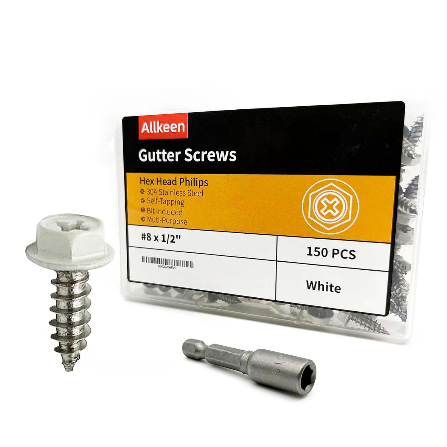 Stainless White Painted Hex Head Self-Tapping Gutter Screws #8 x 1/2", 150 Pieces