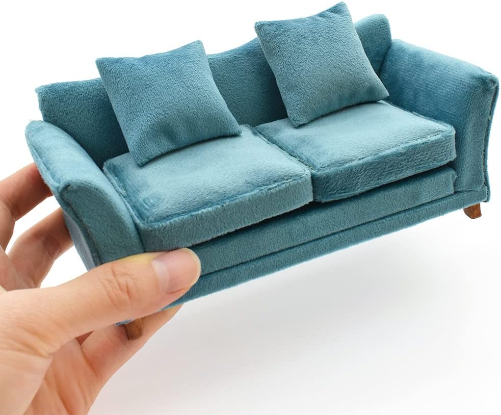 iLAND Modern Dollhouse Furniture on 1/12 Scale of Miniature Sofa for Dollhouse Living Room (Turquoise Blue Velvet)