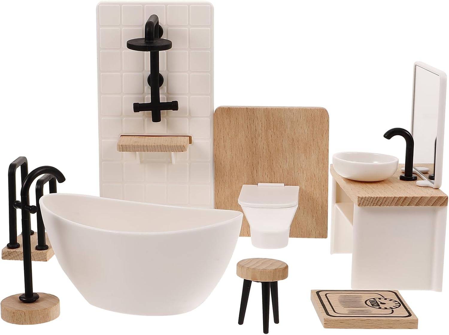 1set Dollhouse Bathroom Set: Dollhouse Bathroom Furniture Accessories 1 12 Scale Mini Shower Room AdornmentsSink Scale Shower Toilet Bathtub Stool for Doll Accessories