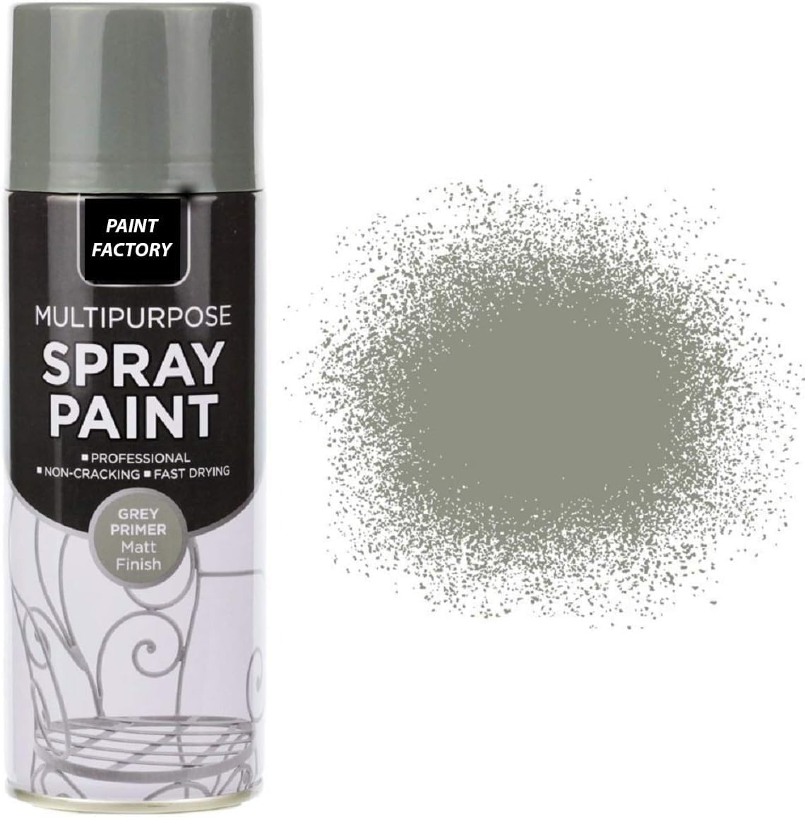 Paint Factory® 400ml Professional Quality Fantastic Finish All-Purpose Interior Exterior Household Spray Paint for Wood Metal Plastic Ceramics & More (Grey Primer Matt)