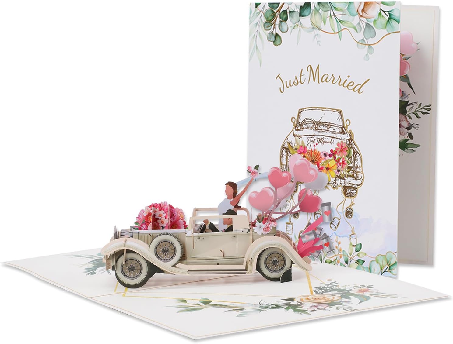 3D Wedding Card with Pop-Up Car Anniversary Cards for Bride and Groom Beautiful Just Married Cards for Couples and Newlyweds for Valentines Day, Engagement, Marriage Include Envelope.
