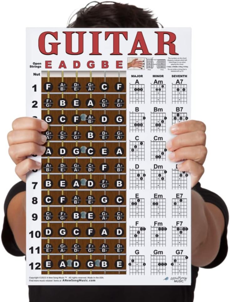 A New Song Music Laminated Guitar Chord & Fretboard Note Chart Instructional Easy Poster for Basic Beginners Chords & Notes 11"x17"