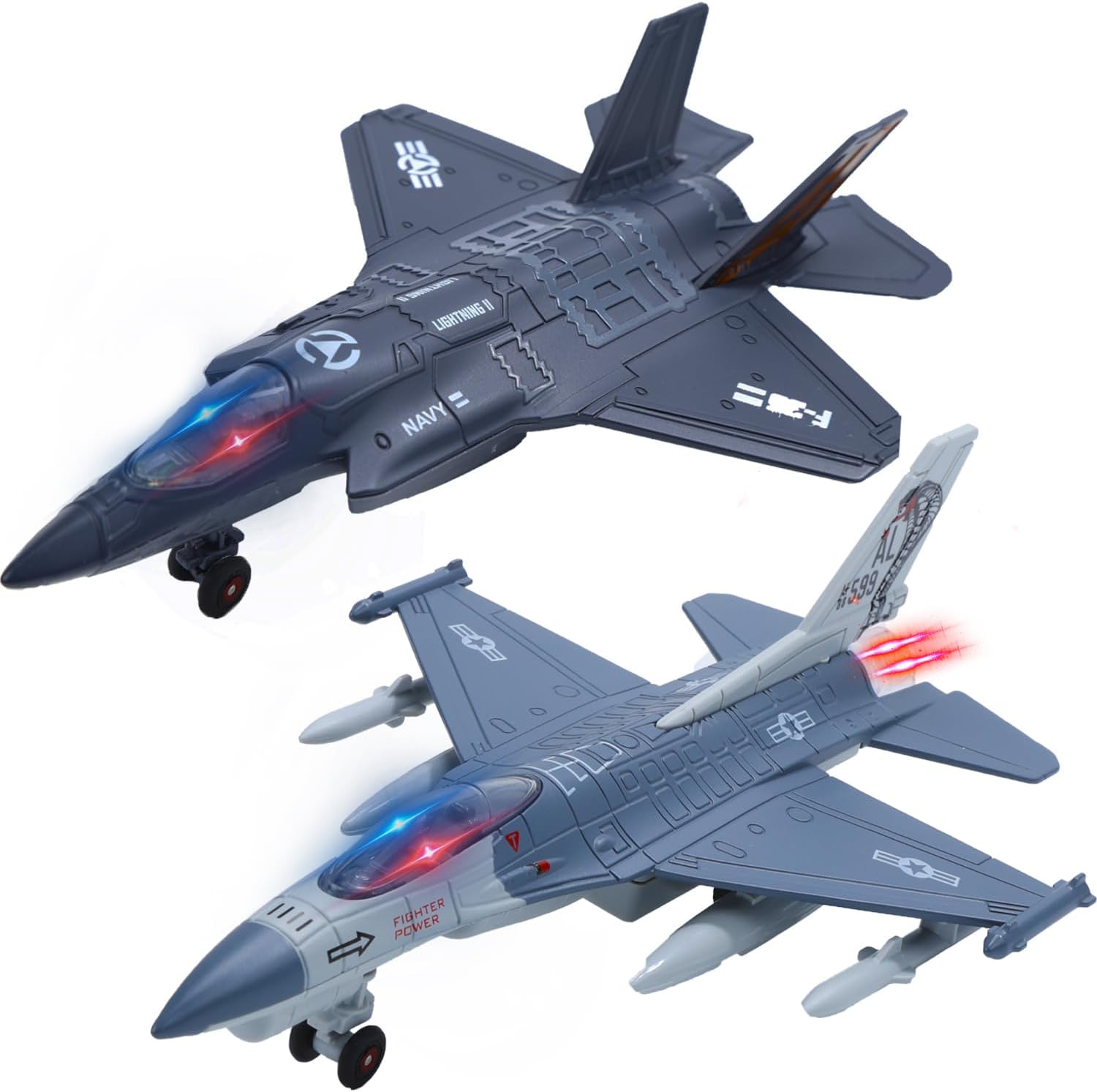 Double Pack Military Fighter Jet Toy Planes, Pull Back Diecast Alloy Army Airplanes with Lights & Sounds, Metal Toy Aircraft Gift for Kids, Toddlers, Boys and Girls
