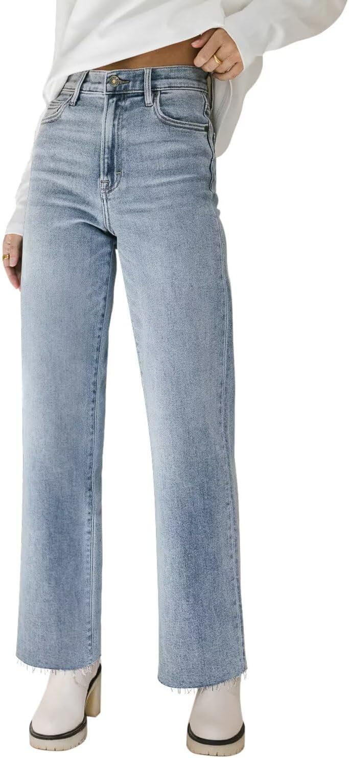 KDF Straight Leg Jeans for Women High Waisted Jeans Frayed Baggy Pants Raw Hem Loose Stretchy Cropped Wide Leg Jeans