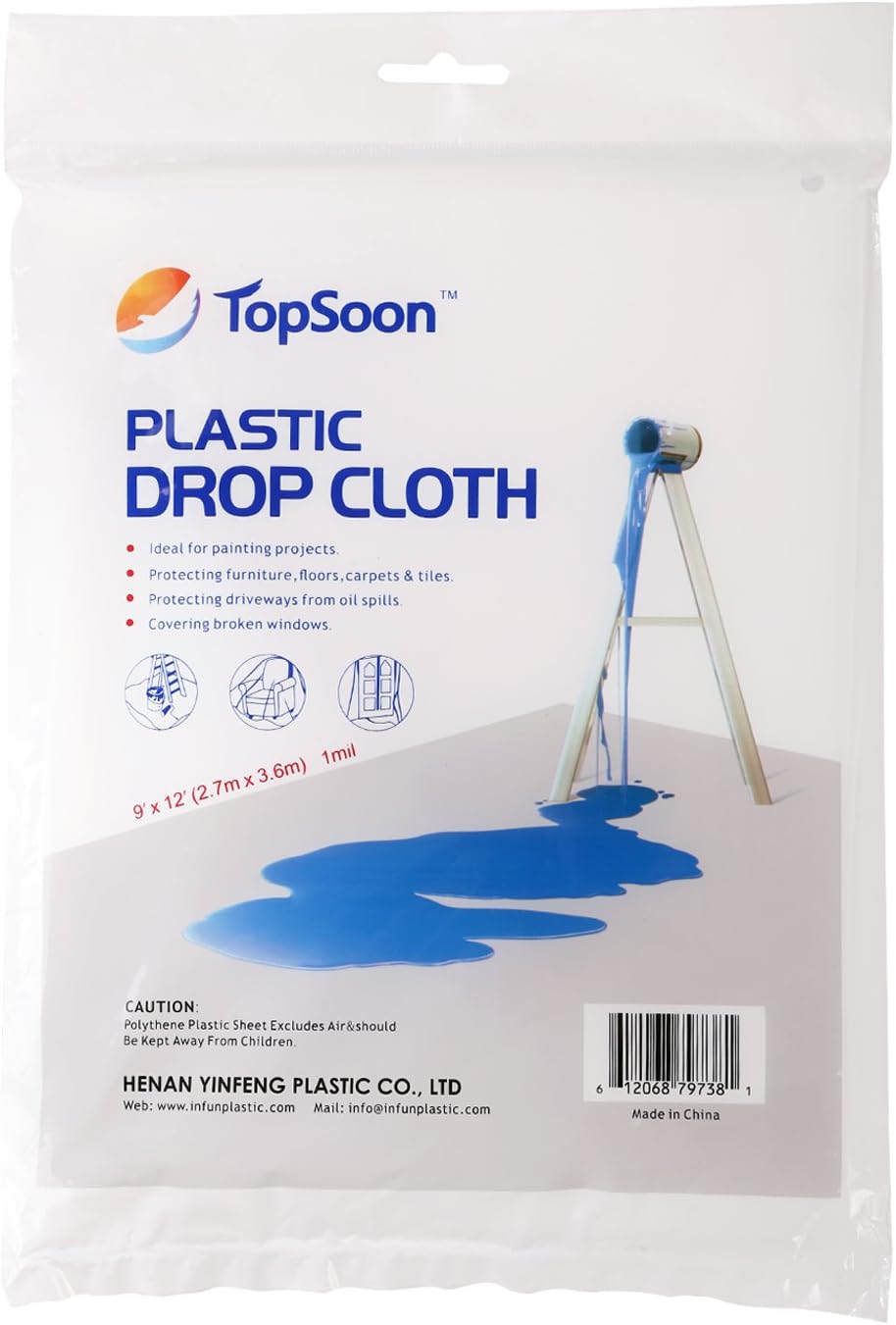 TopSoon Clear Plastic Sheeting Drop Cloths for Painting,9x12ft Durable Water&Dust-Proof Tear - Resistant Painters Plastic Tarp Cloth - Multi-Purpose Furniture Cover Floor Wall Protection Film