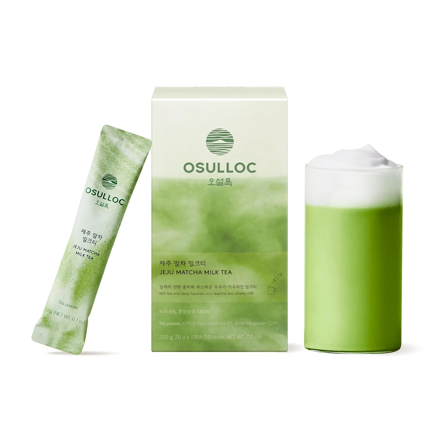 OSULLOC Jeju Matcha Milk Tea (7oz X 10 Packets), Easy on-the-go Stick type Powder Blended tea, Deep flavored matcha & creamy milk