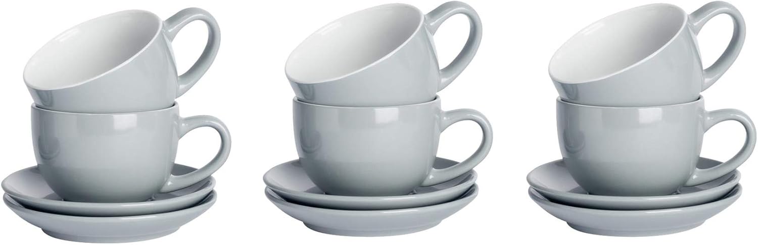 Argon Tableware 12 Piece Coloured Cappuccino Cup & Saucer Set - Modern Stoneware Tea & Coffee Cups - 250ml - Grey