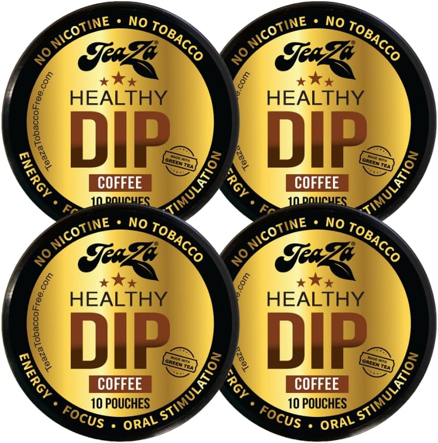 TeaZA Herbal Dip Coffee Pouches -Nicotine Free, Tobacco Free - Made with Green Tea Caffeine Energy Pouches (4 Pack)