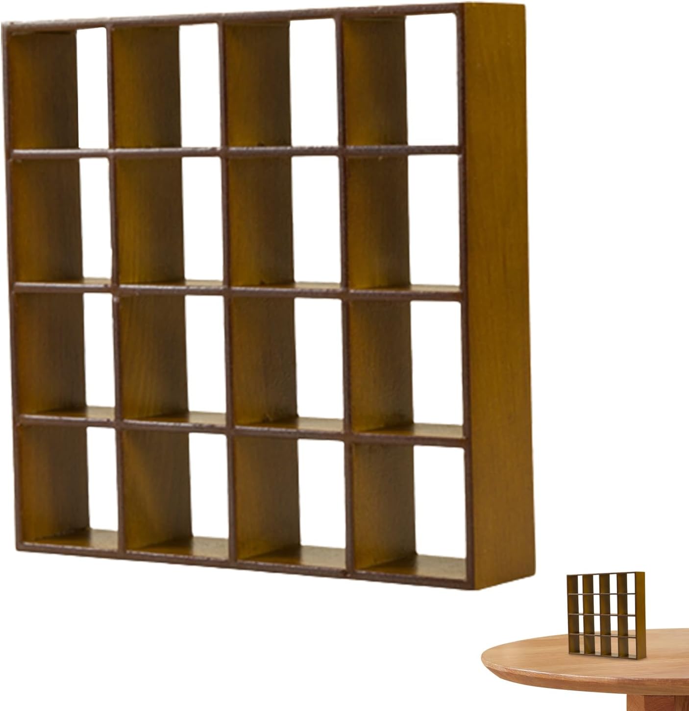 Dolls House Furniture Dollhouse Bookshelf Realistic Wooden 1:12 Miniature Bookshelf 16 Grid Mini Display Shelf Wall Rack Stand for Dollhouse Accessories Decorations Walnut Color