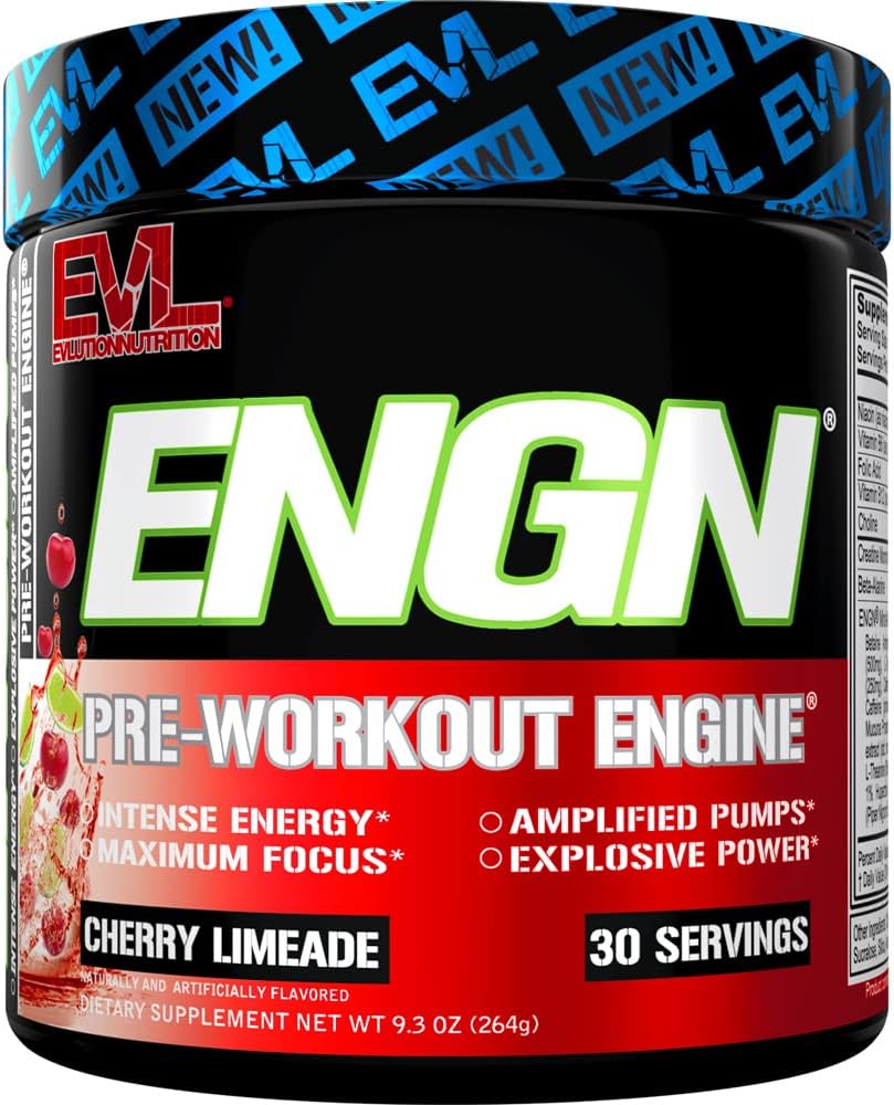 EVL Intense Pre Workout with Creatine - ENGN Energizing Pre Workout for Men Powder Drink for Lasting Energy Focus and Recovery - with Beta Alanine Caffeine and L Theanine - Cherry Limeade