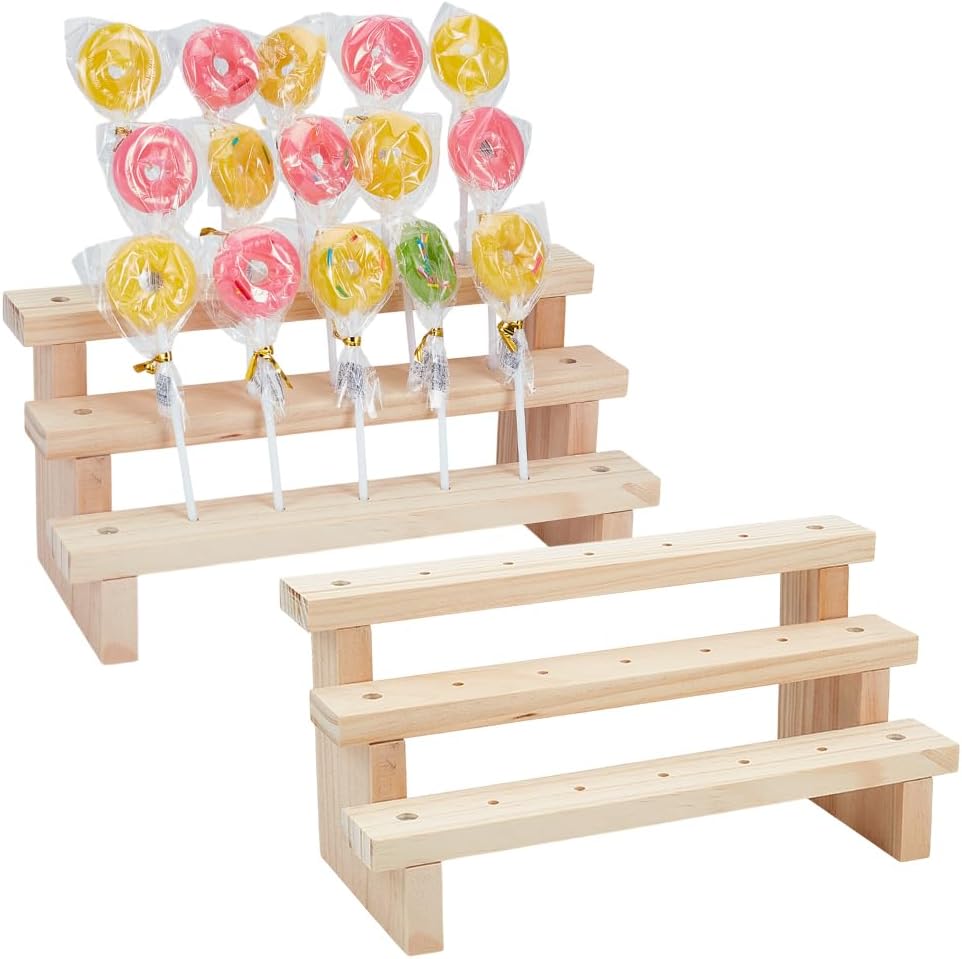 OLYCRAFT 2 Set Wood Lollipop Holder Display 3 Tier Candy Sticks Holder 15 Holes Wooden Rectangle Lollipop Shelf Lollipop Sucker Display Candy Storage Rack for Wedding Birthday Party