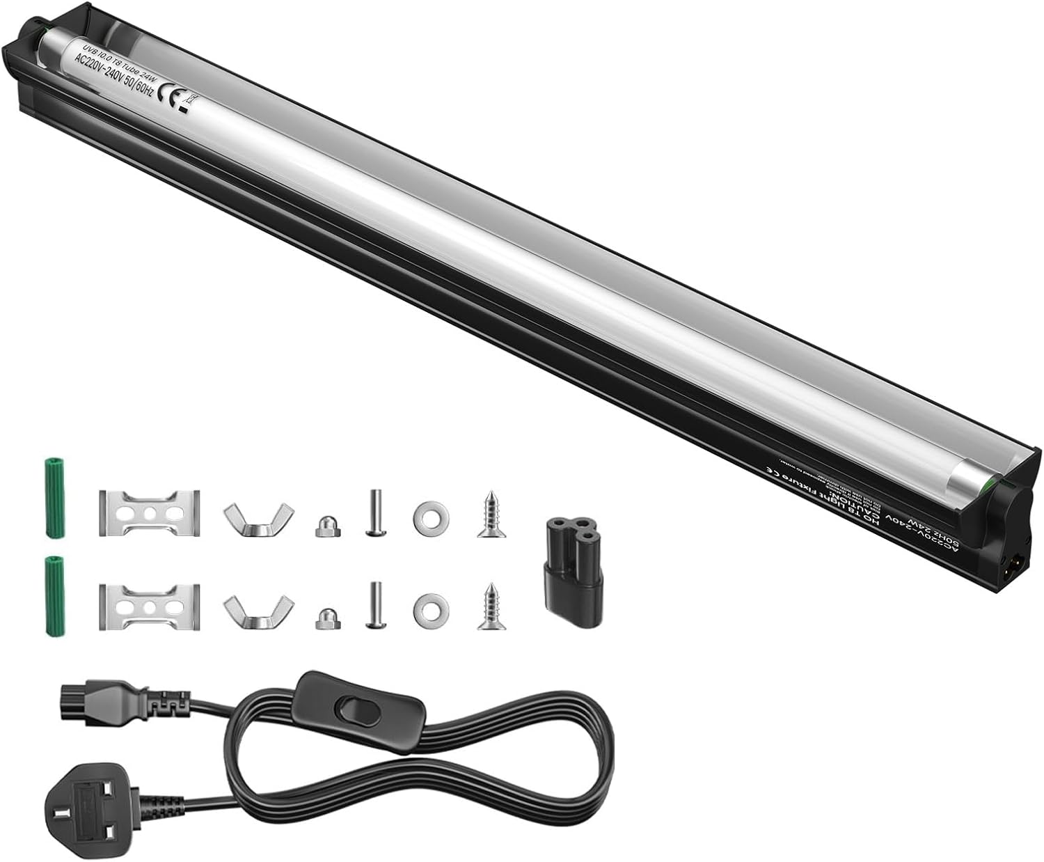 T8 UVB Light Reptile Kit 24W, 10.0 UVB UVA Lighting Combo Kit 24IN, Reptile Light Fixture with Fluorescent Tube for Vivariums, Desert Reptiles, Bearded Dragons, Lizards, Snakes