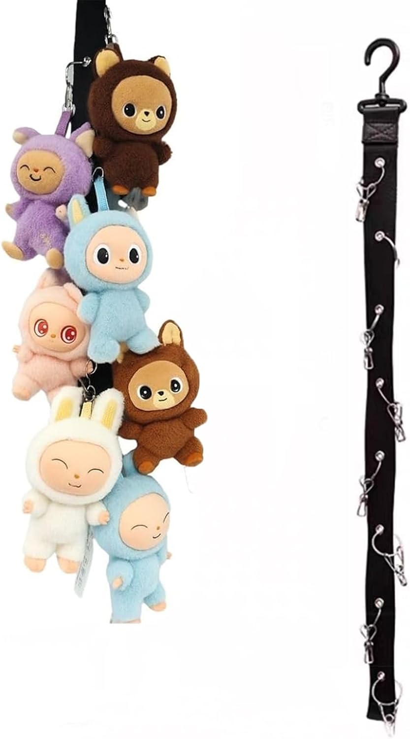 Plush Toy Display Strap for 15-17cm Blind Box Style Dolls, Stuffed Animal Hanging Chain with 8 Clips, Wall & Over Door Organizer (No Dolls Included) (1-Pack Black)