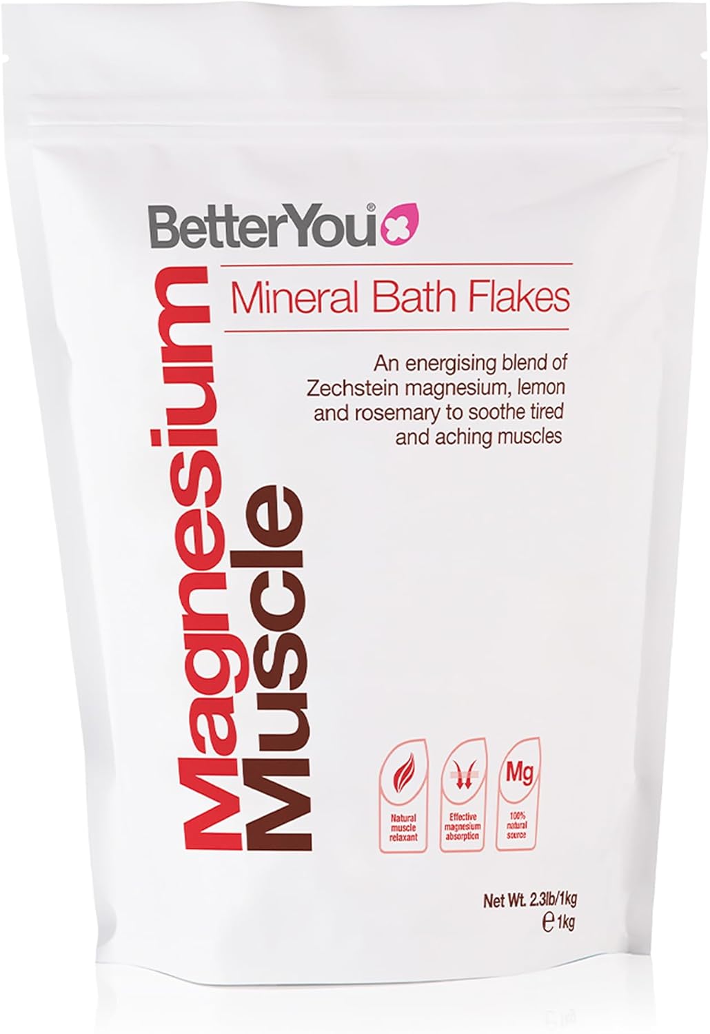 BetterYou Magnesium Muscle Mineral Bath Flakes, Natural Source Magnesium Chloride Bath Flakes to Sooth Aching Muscles, Sports Recovery Salts, Vegan & Palm-Oil Free, 1kg