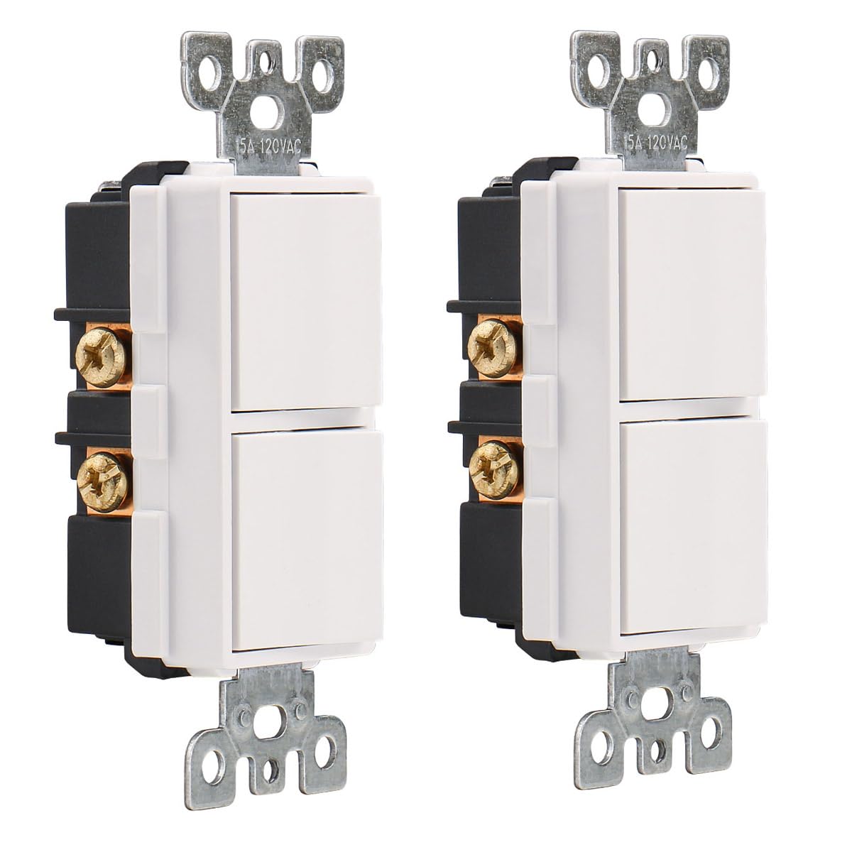 Duplex Rocker Combination Decorator Switch,120VAC 15Amp,Ground Terminal,Residential/Commercial Grade,2 Individual Switches,UL Listed,Pack of 2,White