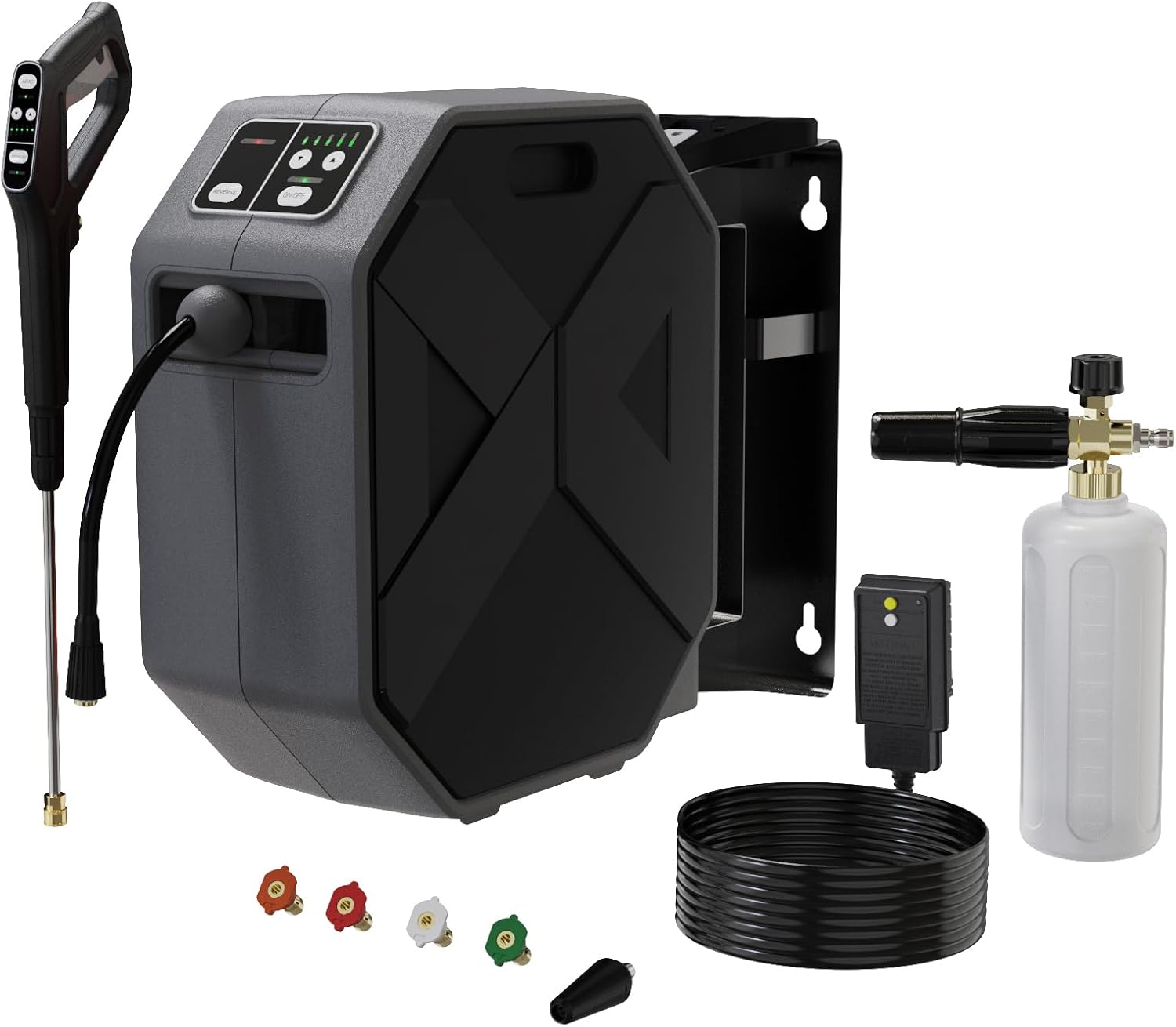 Electric Wall Mounted Power Washer -5000PSI 3.4GPM Adjustable Pressure Washer, Power Washer with GFCI Power Cord 100FT Retractable Hose and 1L Foam Canno for Cars, Driveways, Patios