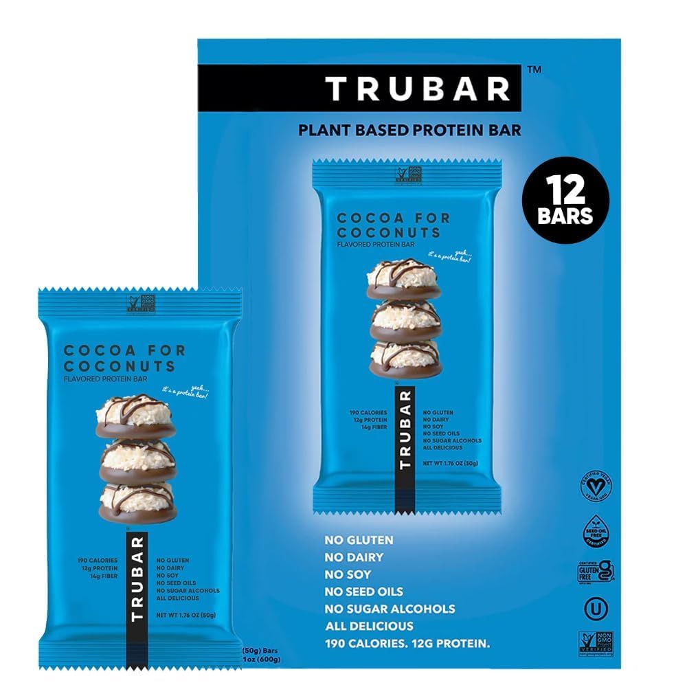 TRUBAR Vegan Protein Bar, Cocoa For Coconuts, Gluten Free, Plant Based Protein, Dairy Free, Non GMO, Soy Free, No Sugar Alcohols, 12G Protein, 12G Fiber, 23G Carb, On the Go Snack Bars, 12 ct