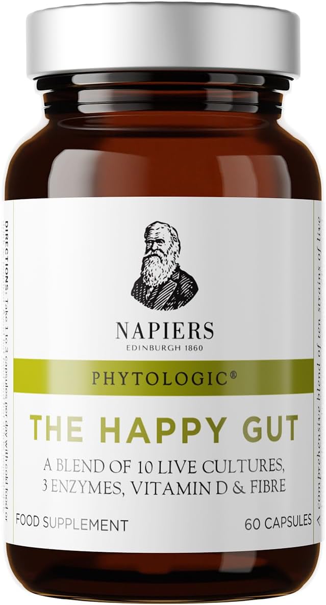 Napiers Phytologic Happy Gut Capsules - Probiotics for Gut Health with 20 Billion CFU & Digestive Enzymes - Gut Health Supplement with Vitamin D - 60 Capsules
