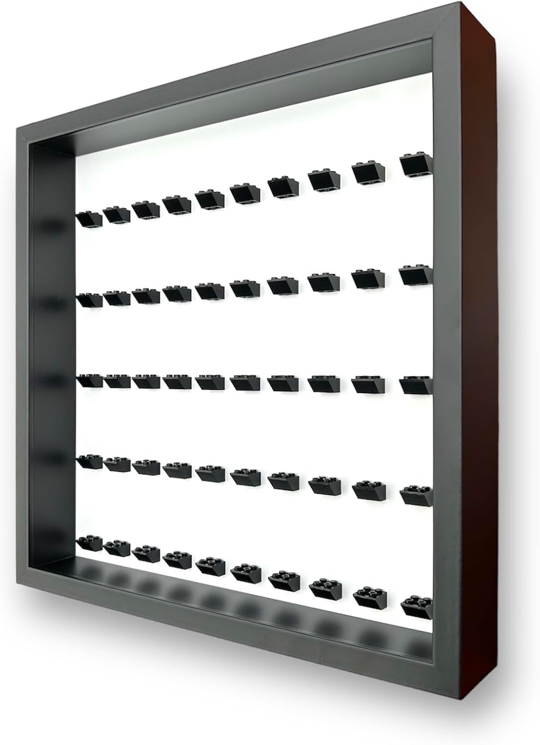 FRAMEPUNK Minifigure Display Case - for 50 LEGO Minifigures - Deep for accessories - Wall Mount - Removable Front - Black Frame, Black Mounts on White