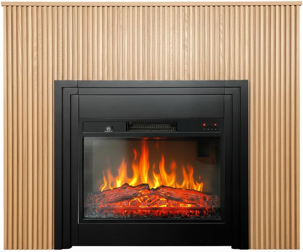 CHEMIN'ARTE Ambra Electric Fireplace Floor Standing with LED Flame Effect – Wooden Tassels – 119 x 25 x 94 cm – Heating 2000 W Electronic Thermostat – Remote Control – Designed in France