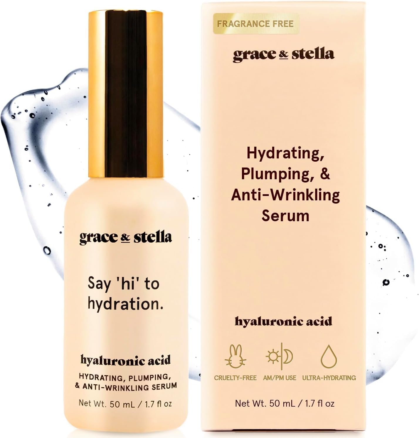 grace & stella Award Winning Hyaluronic Acid Serum (50ml/1.7 fl oz) Hyaluronic Acid Serum for Face - Acido Hialuronico Face Serum for Women - Hydrating Serum Remove Fine Lines, Wrinkles - Anti Aging