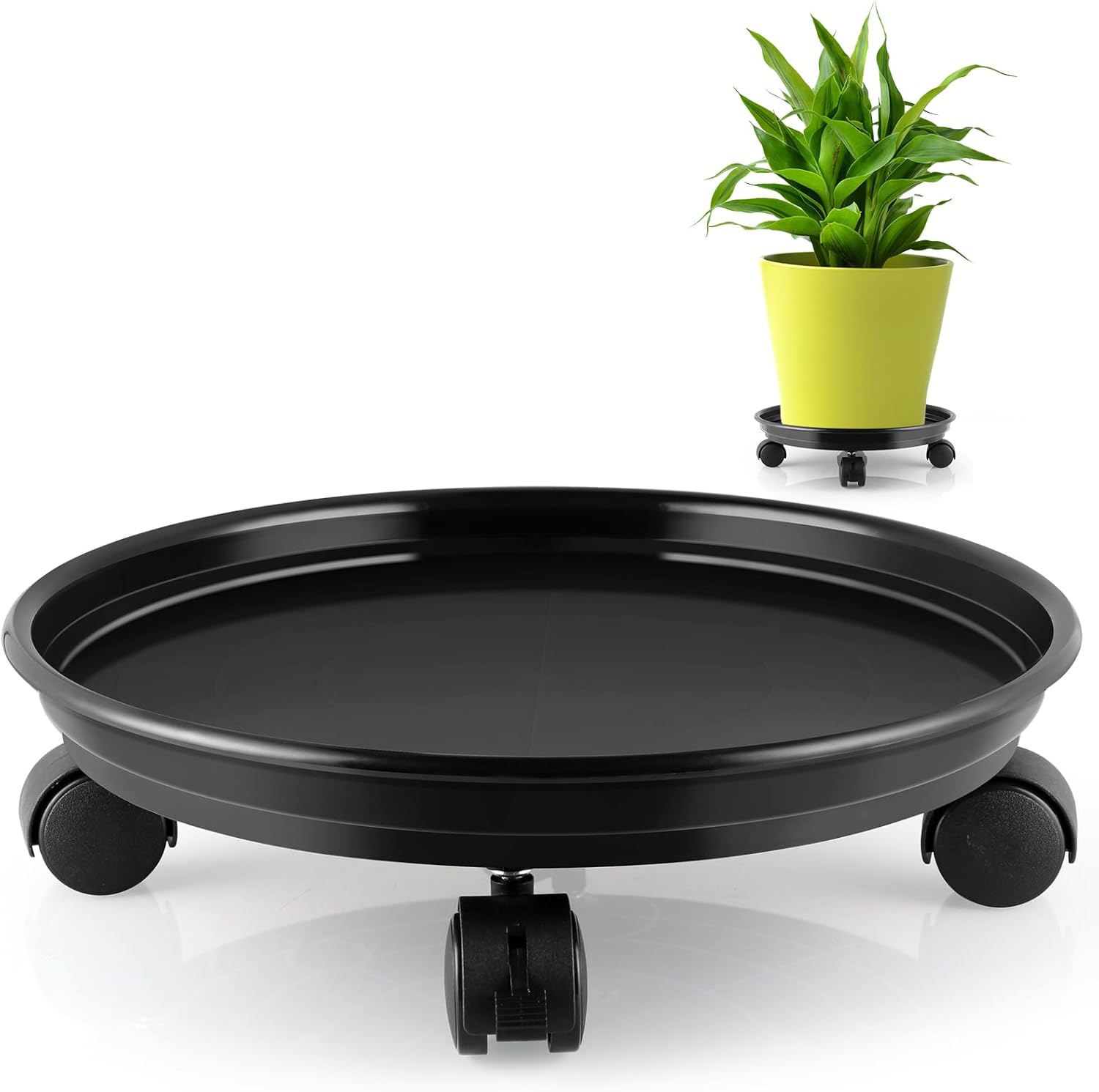 Resin Plant Caddy with Wheels, 11.6" Round Plant Pallet, Plant Pot Trolley (Black)