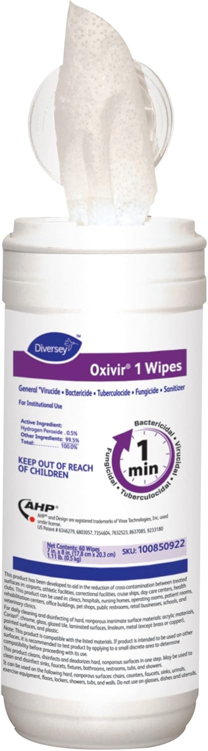 Oxivir Diversey 1 100850922 Disinfectant Cleaning Wipes, Pre-Moistened with Accelerated Hydrogen Peroxide AHP, Unscented, 60 Medium 7x8-Inch Wipes, 1-Slim Canister