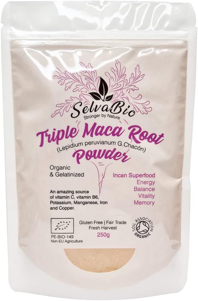 Triple Maca Root Powder, Organic Gelatinized, Certified, 250g from Peru, Women Hormonal Balance or for Men Prostate Support, by SelvaBio.