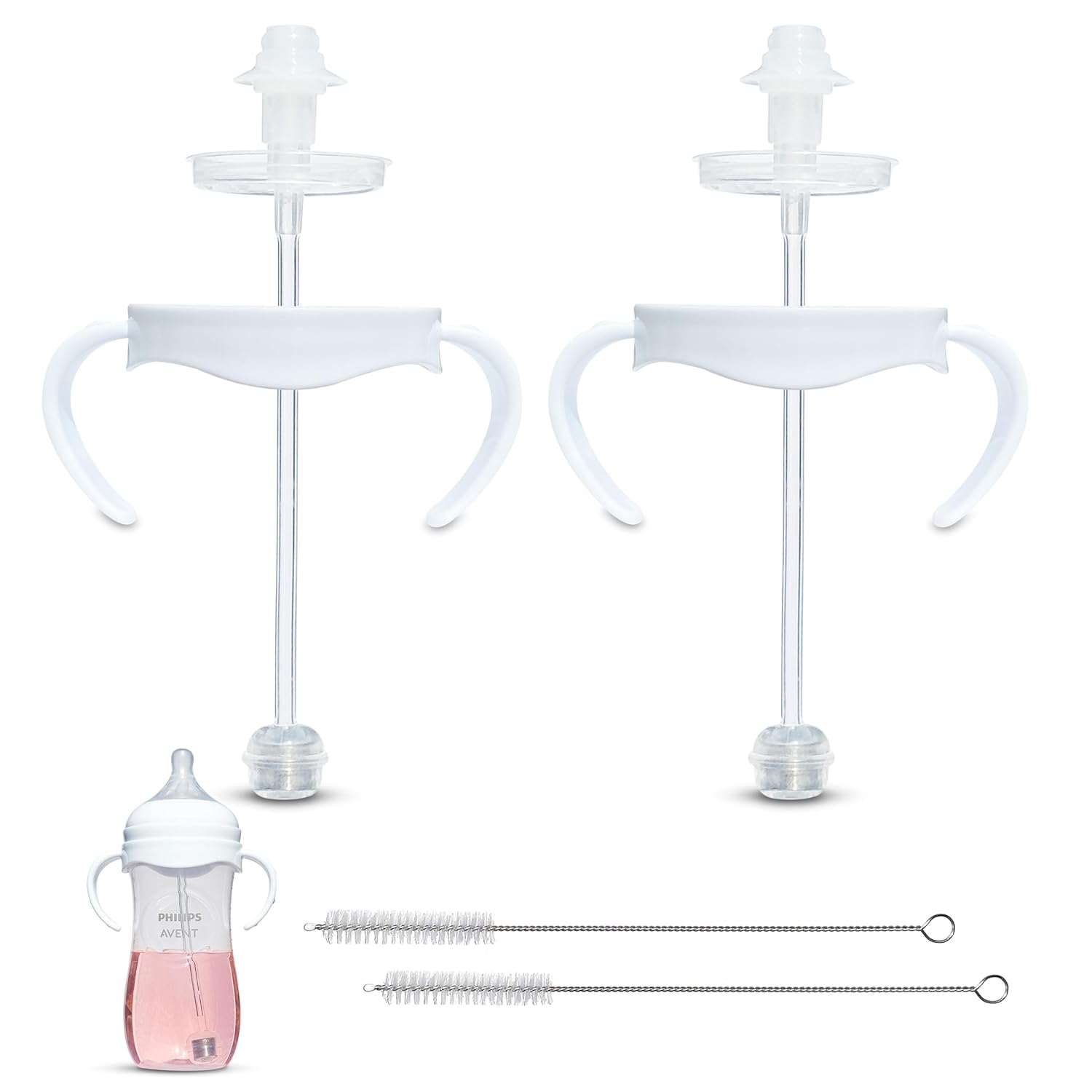 Self-Feeding Kit for Philips Avent Natural Baby Bottles 2-Count, Weighted Straw Attachment for Natural Response Nipples with Bottle Handles and Cleaning Brush, 4+ Months (for Plastic Bottles)