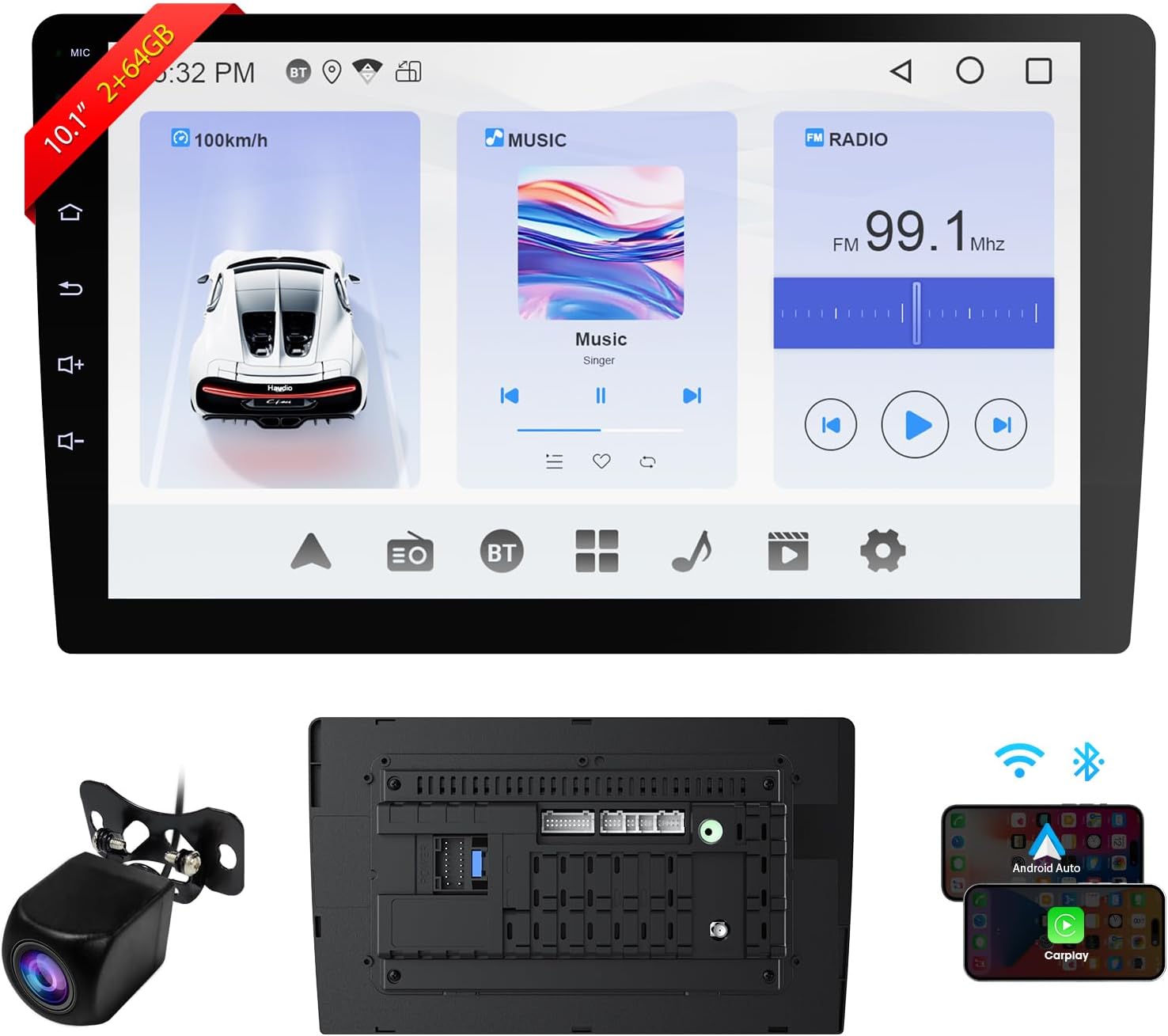 10.1" Double Din Car Stereo, 720P Touchscreen Car Radio with Wireless CarPlay & Android Auto, Bluetooth 4.1, HD Backup Camera, Mirror Link, GPS Navigation, WiFi, Voice Control, 2+64GB, FM/AM