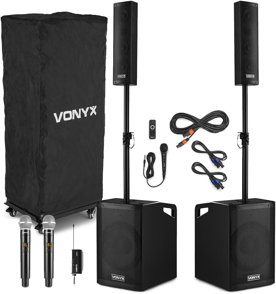 VONYX VX1050BT Column PA System for Singer, Vocalist & Events – 1150W Active Speaker with Dual Wireless Microphone, Bluetooth, UHF Mic, 2x 12-Inch Subwoofers