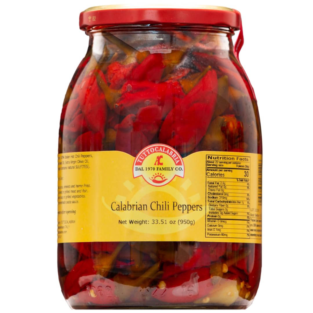 TuttoCalabria, Whole Calabrian Chili Peppers in Oil, All Natural, Non-GMO, Product of Italy, Glass Club Pack, 33.5 oz