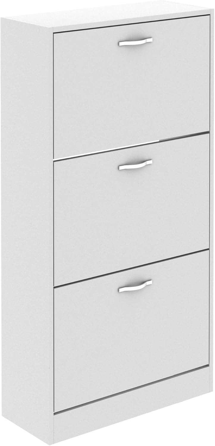 Vida Designs 3 Drawer Shoe Cabinet Cupboard Shoe Storage Organiser Pull Down Wooden Furniture Unit (White)