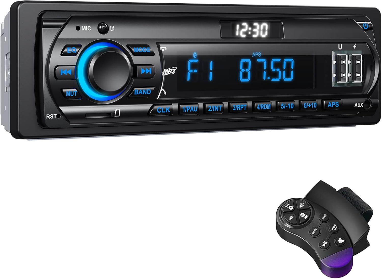 RDS Car Radio Bluetooth Hands-free, 9-24V Car Stereo Bluetooth 4 x 65W FM/AM Radio LCD Clock with 7 Colors Lighting, MP3 Player Supports 2 USB/AUX/SD