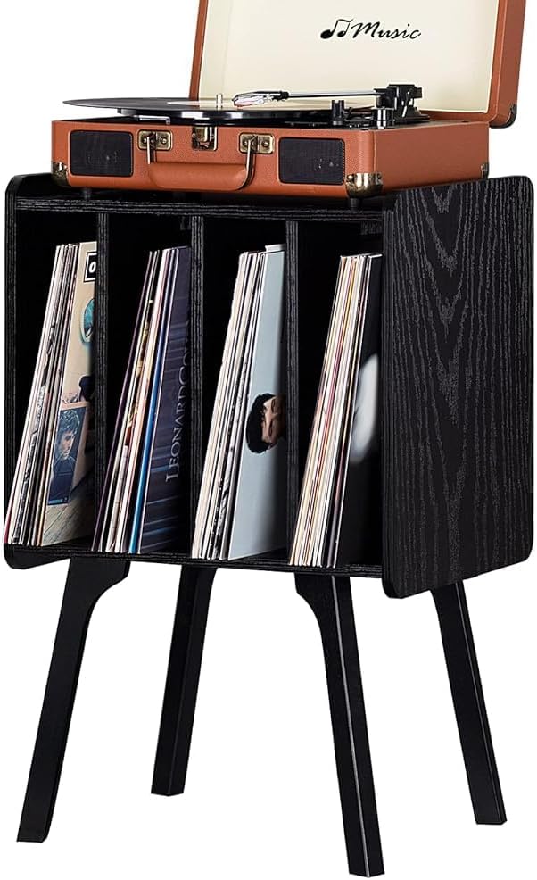 LELELINKY Wooden Record Stand with 4 Cabinets, Mid-Century Vinyl Record Player Table with Solid Wood Legs, Holds Up to 100 Albums,Black Vinyl Record Shelf for Bedroom, Living Room