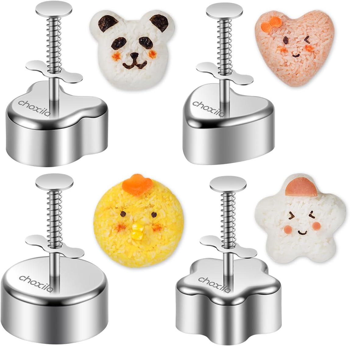 choxila 4-Piece Onigiri Mold Set Stainless Steel, Rice Ball Mold Sushi Maker, Spam Musubi Mold for Kids Lunch Bento and Home DIY